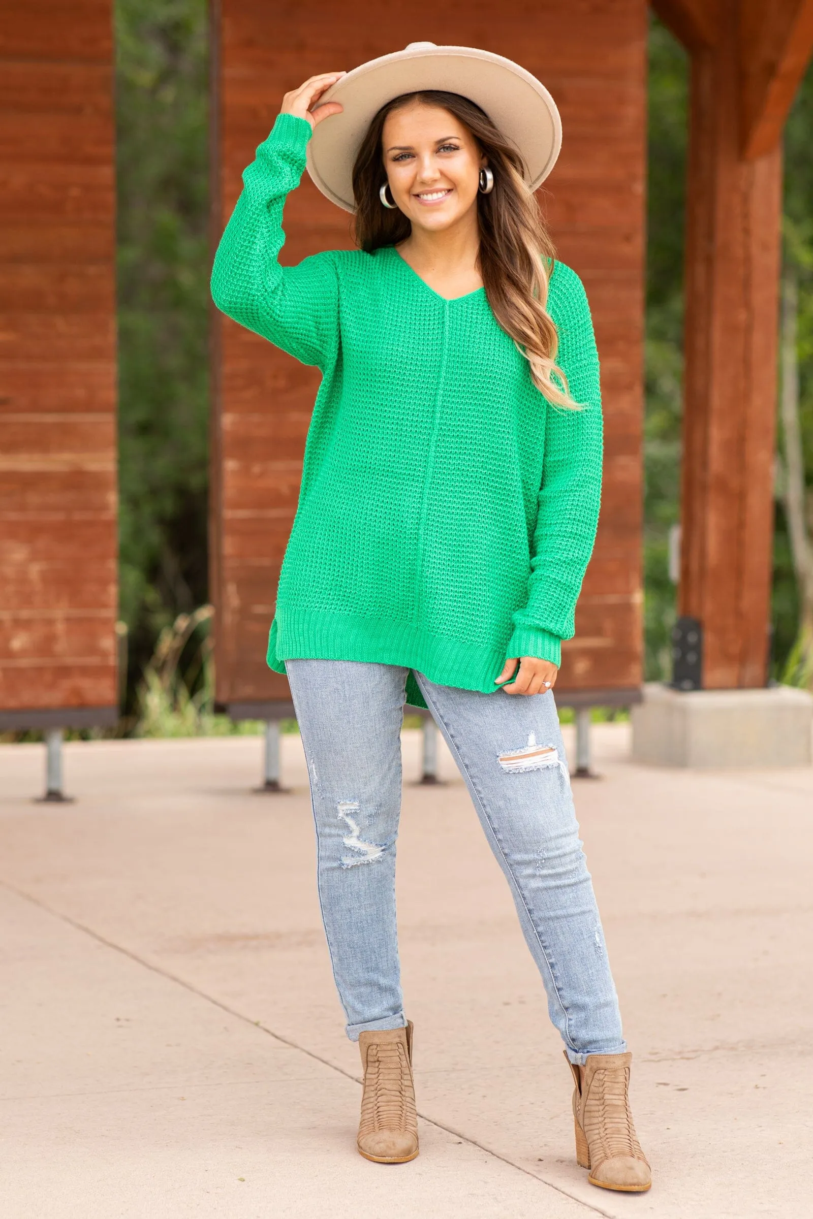Green V-Neck Waffle Knit Sweater With Seam