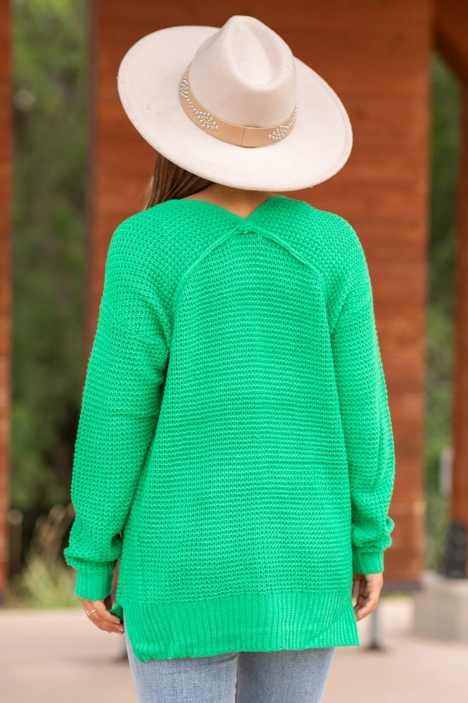 Green V-Neck Waffle Knit Sweater With Seam