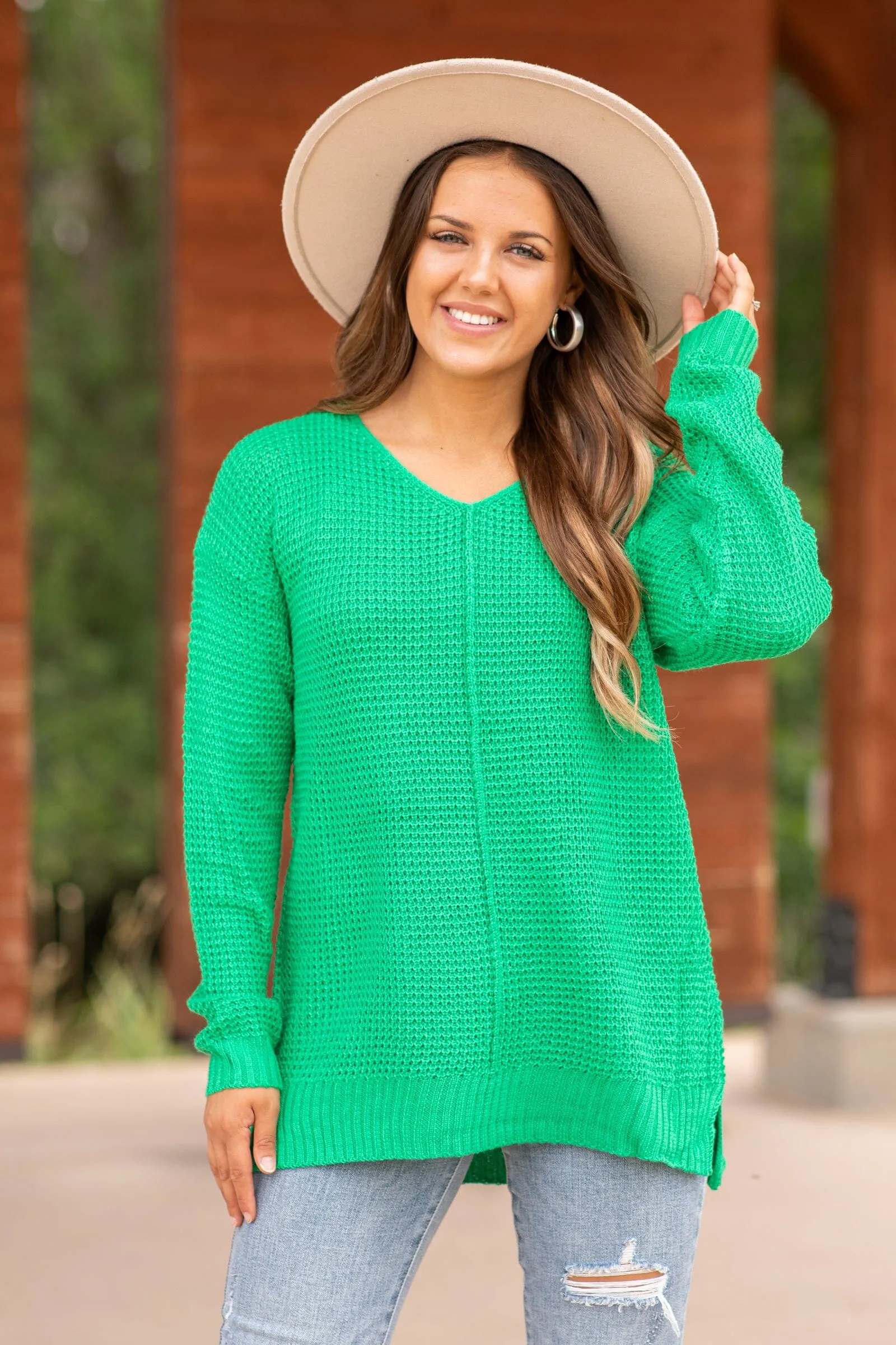 Green V-Neck Waffle Knit Sweater With Seam