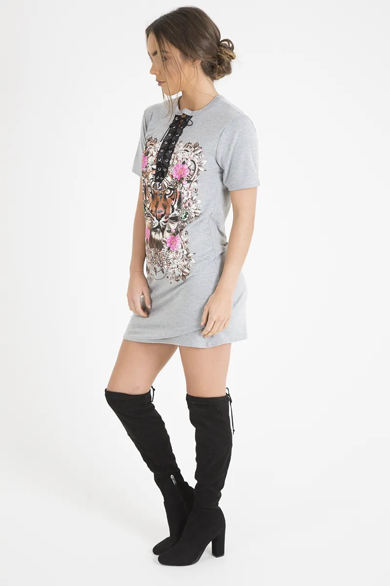 Grey Tiger Lace Up T-Shirt Dress - Autumn