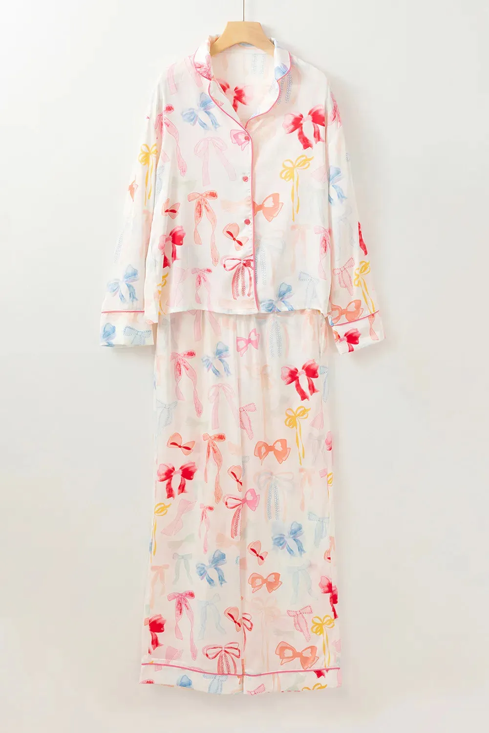 Hazel Blues® |  Bow Print Collared Neck Long Sleeve Top and Pants Lounge Set