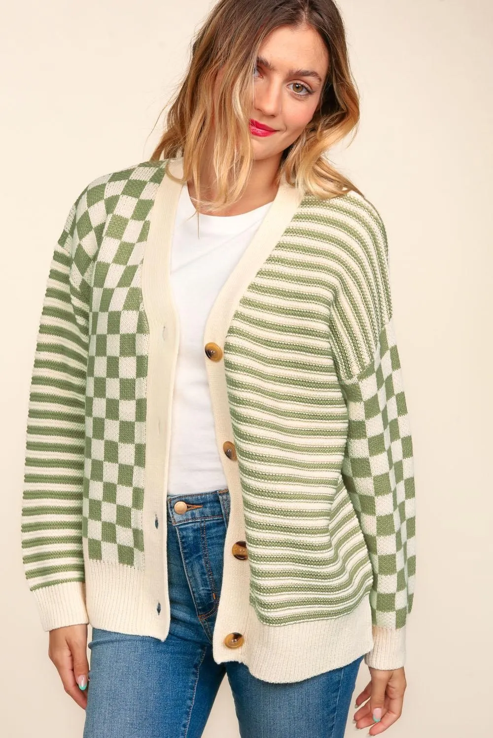 Hazel Blues® |  Button Down Checker Stripe Sweater Cardigan