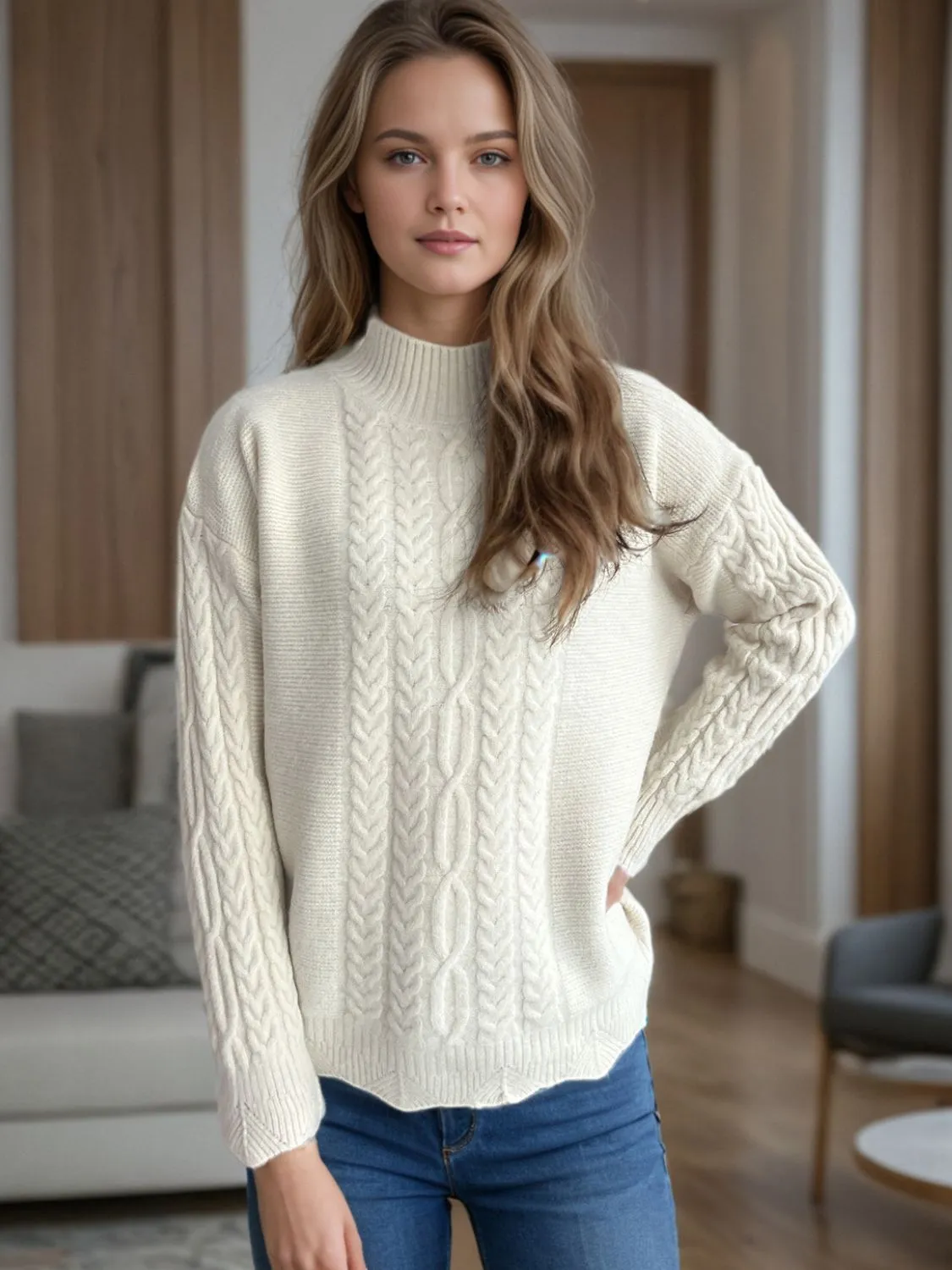 Hazel Blues® |  Cable-Knit Mock Neck Dropped Shoulder Sweater