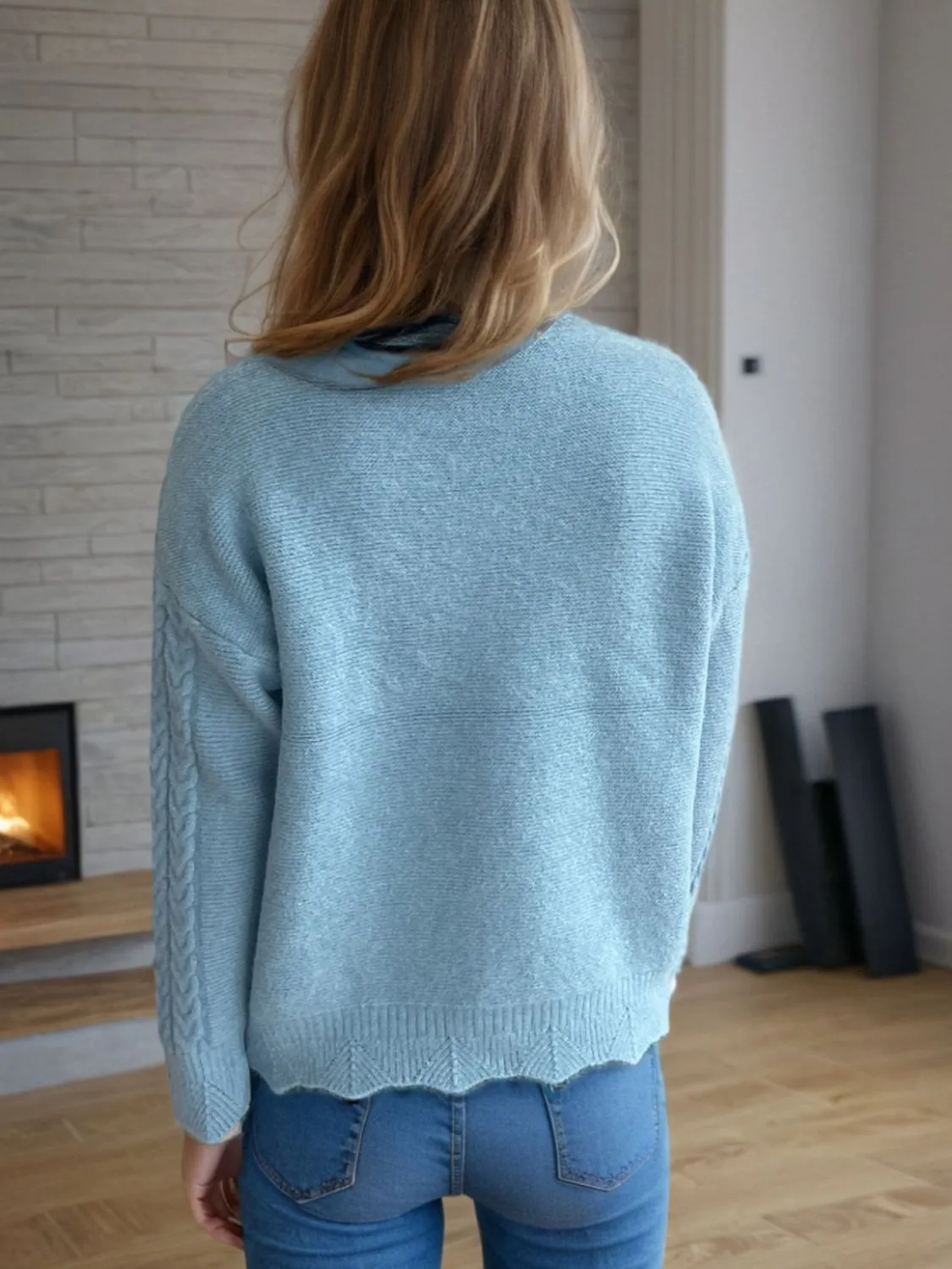 Hazel Blues® |  Cable-Knit Mock Neck Dropped Shoulder Sweater