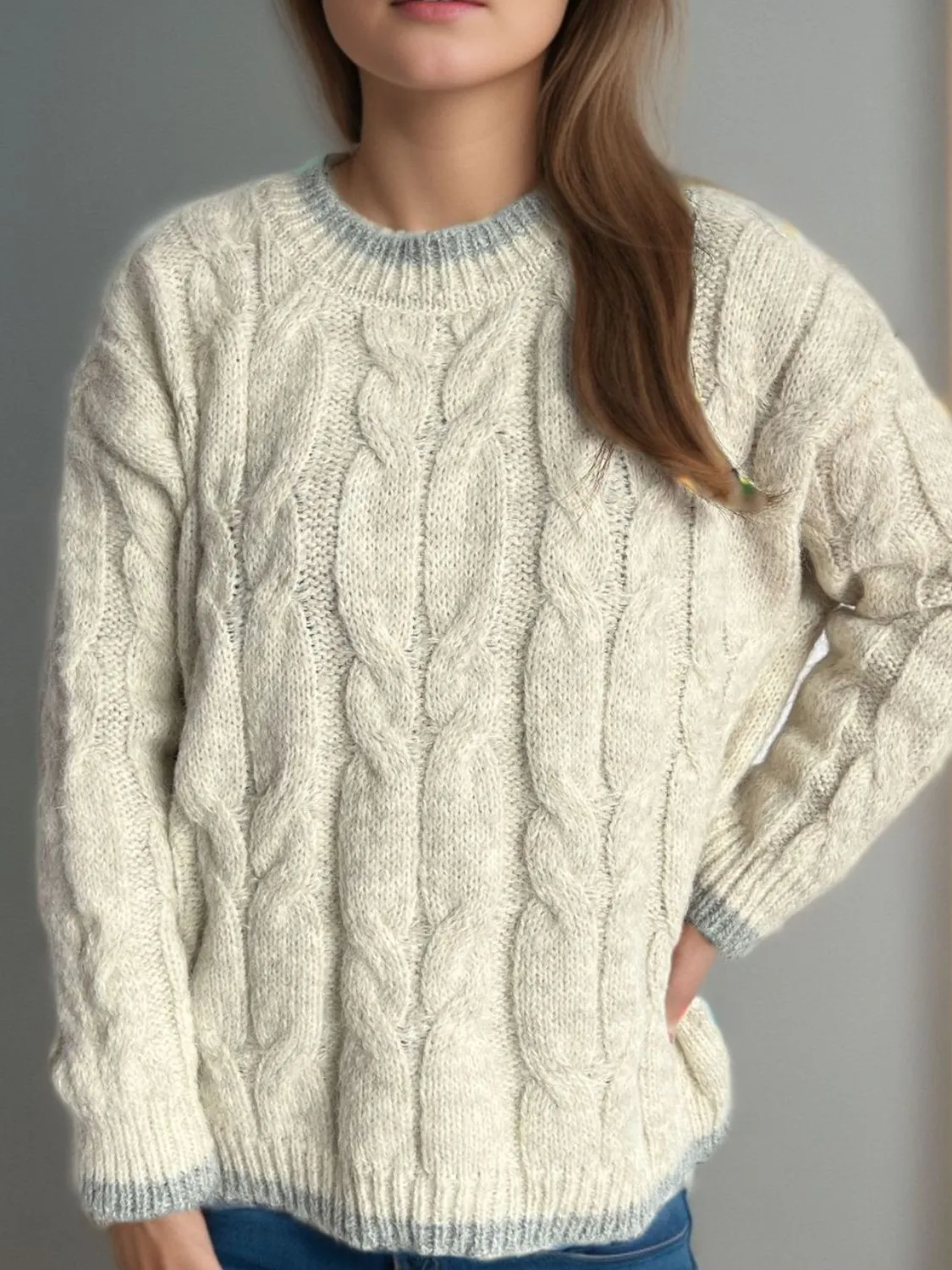Hazel Blues® |  Cable Knit Round Neck Long Sleeve Sweater