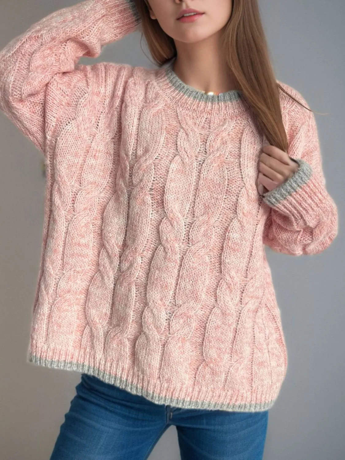 Hazel Blues® |  Cable Knit Round Neck Long Sleeve Sweater