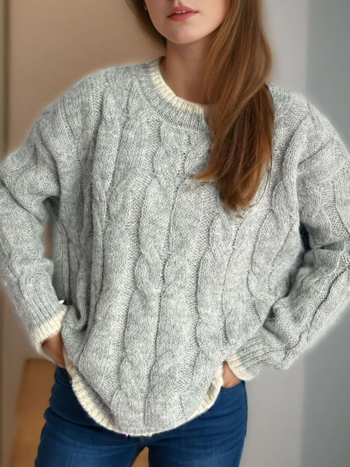 Hazel Blues® |  Cable Knit Round Neck Long Sleeve Sweater
