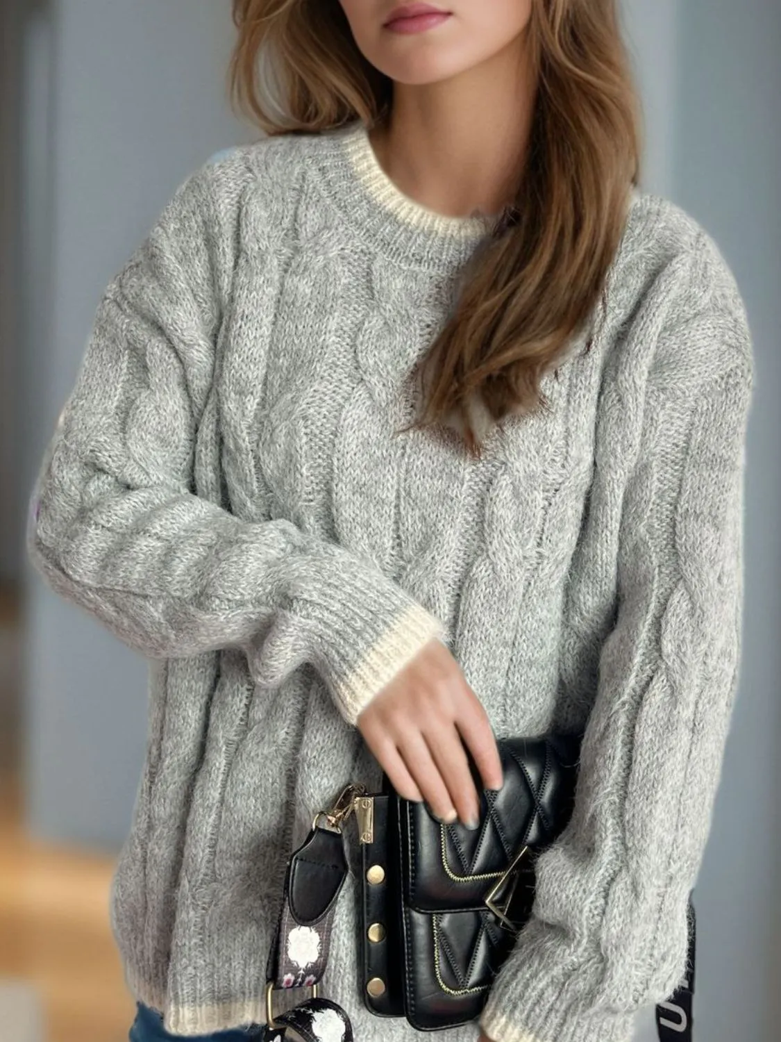 Hazel Blues® |  Cable Knit Round Neck Long Sleeve Sweater