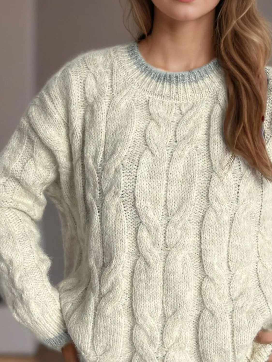 Hazel Blues® |  Cable Knit Round Neck Long Sleeve Sweater