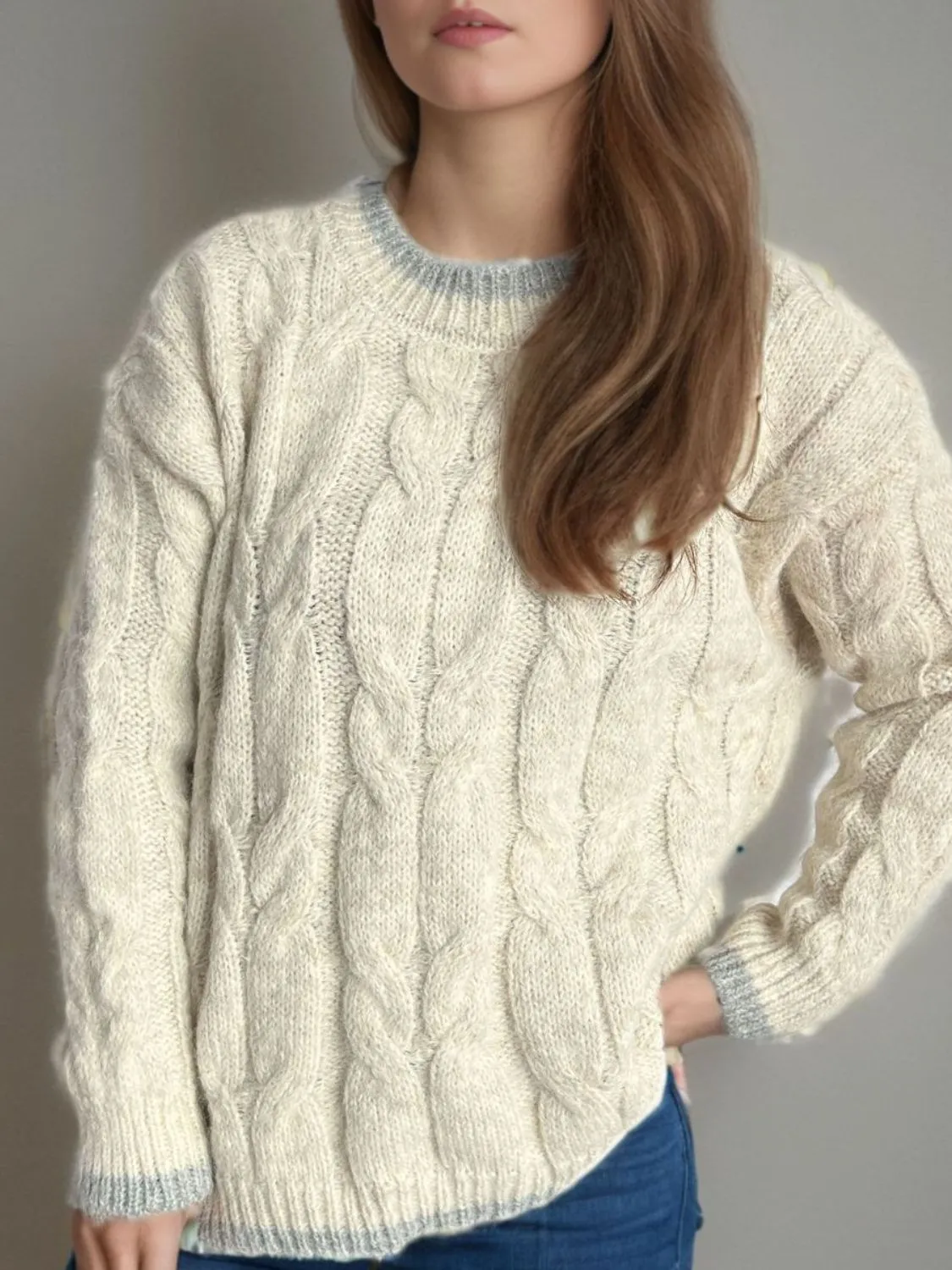 Hazel Blues® |  Cable Knit Round Neck Long Sleeve Sweater
