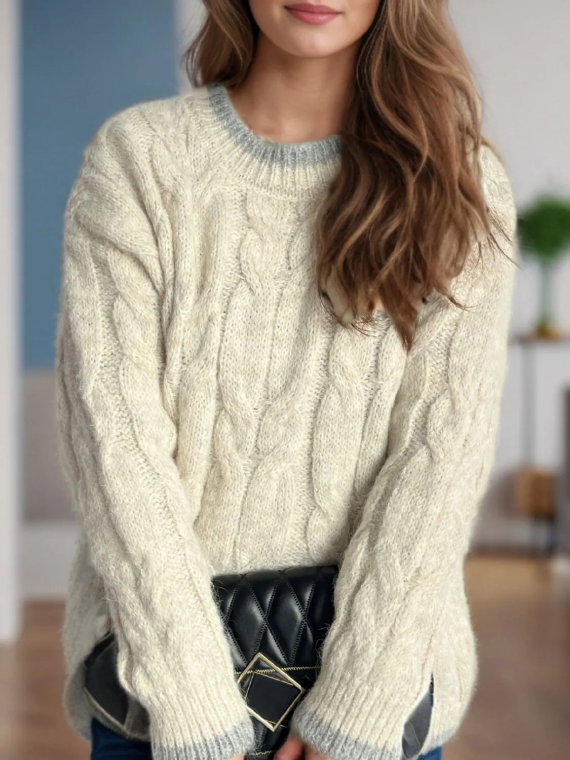 Hazel Blues® |  Cable Knit Round Neck Long Sleeve Sweater