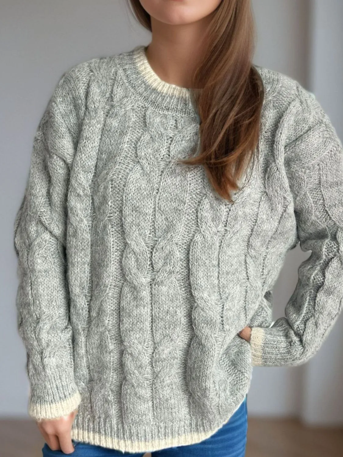 Hazel Blues® |  Cable Knit Round Neck Long Sleeve Sweater
