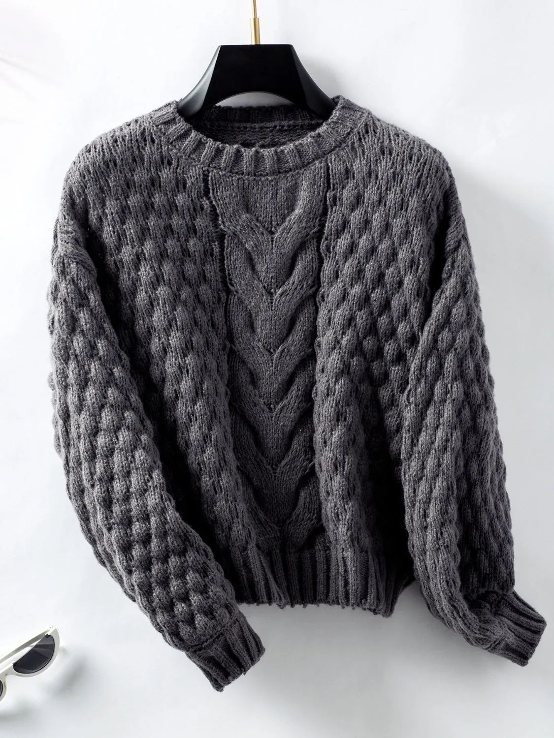 Hazel Blues® |  Cable-Knit Round Neck Long Sleeve Sweater