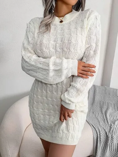 Hazel Blues® |  Cable-Knit Round Neck Mini Wrap Sweater Dress