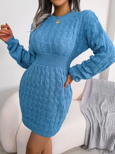 Hazel Blues® |  Cable-Knit Round Neck Mini Wrap Sweater Dress