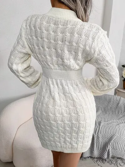 Hazel Blues® |  Cable-Knit Round Neck Mini Wrap Sweater Dress