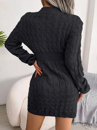 Hazel Blues® |  Cable-Knit Round Neck Mini Wrap Sweater Dress