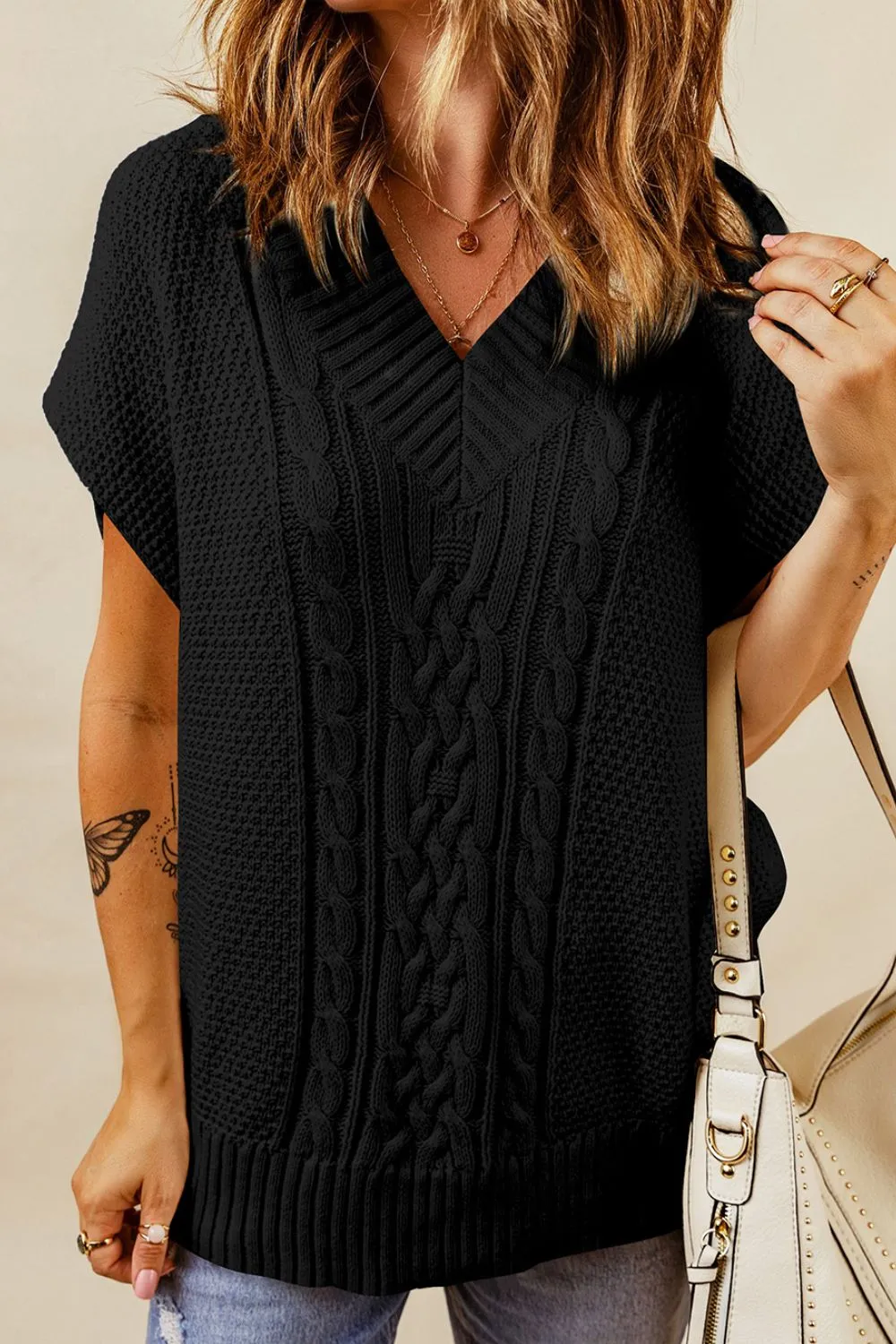 Hazel Blues® |  Cable-Knit V-Neck Sweater Vest