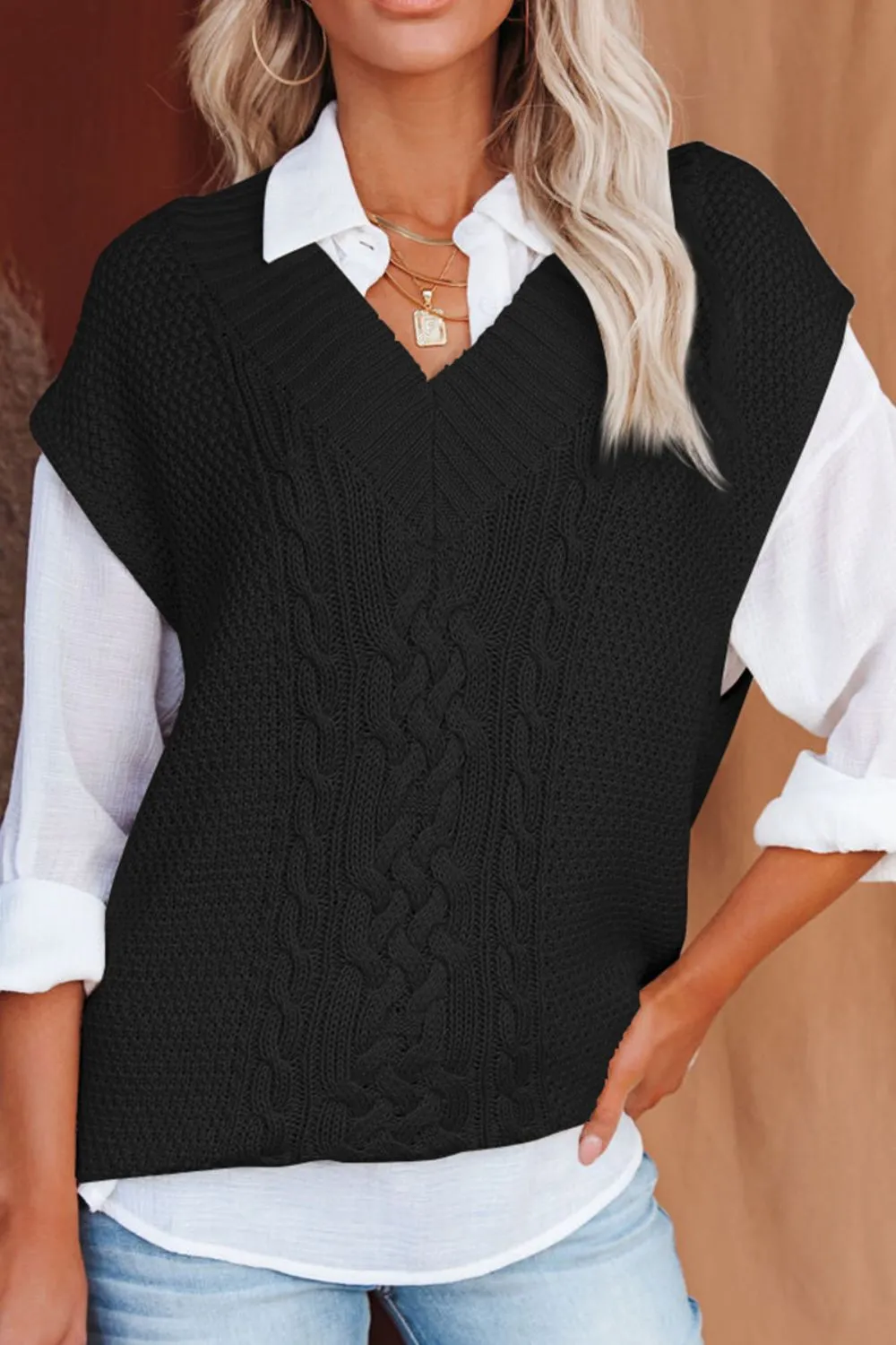 Hazel Blues® |  Cable-Knit V-Neck Sweater Vest