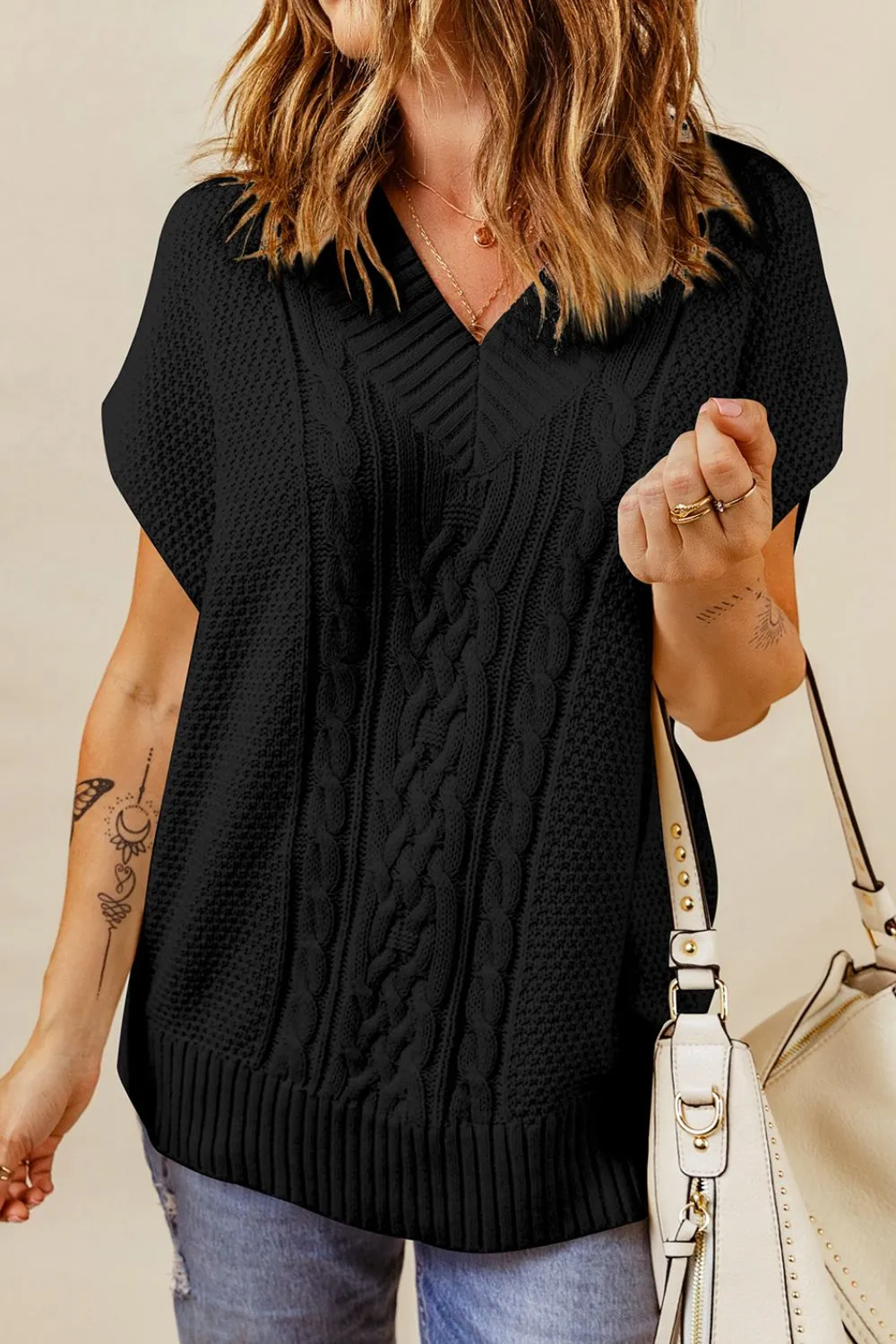 Hazel Blues® |  Cable-Knit V-Neck Sweater Vest