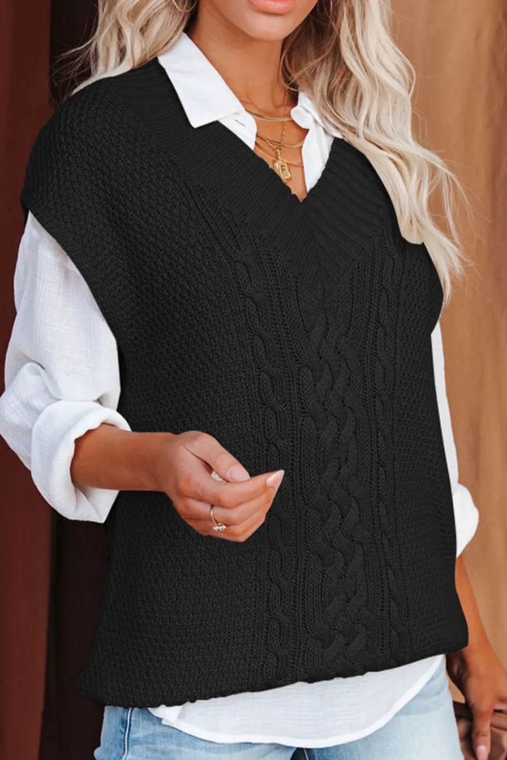 Hazel Blues® |  Cable-Knit V-Neck Sweater Vest