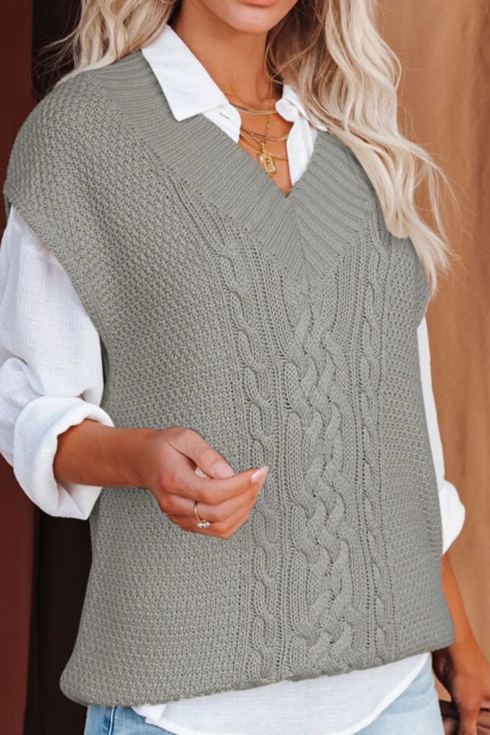 Hazel Blues® |  Cable-Knit V-Neck Sweater Vest