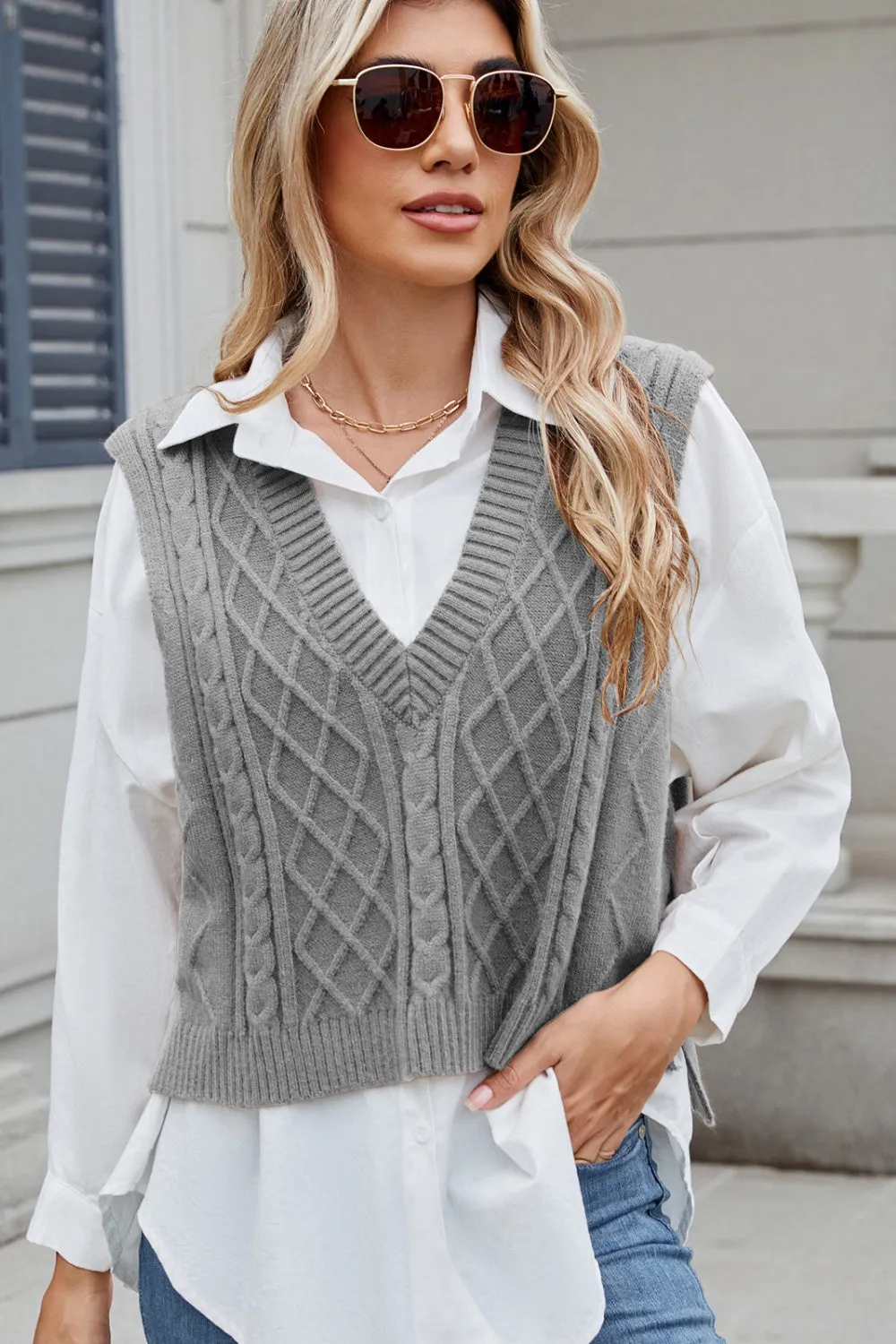 Hazel Blues® |  Cable-Knit V-Neck Sweater Vest