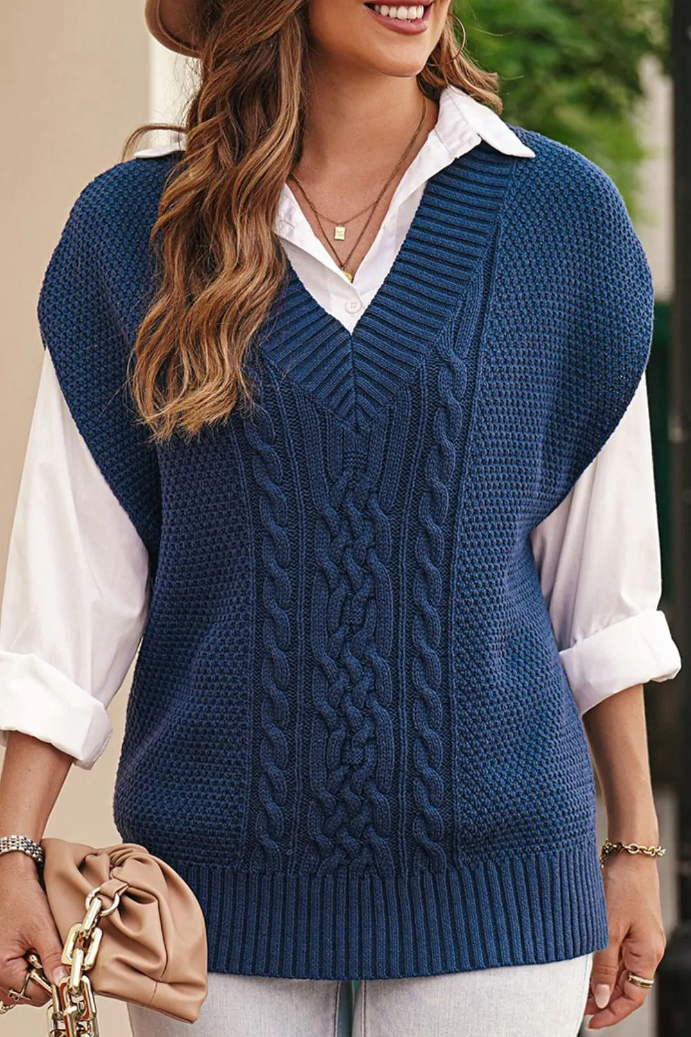 Hazel Blues® |  Cable-Knit V-Neck Sweater Vest