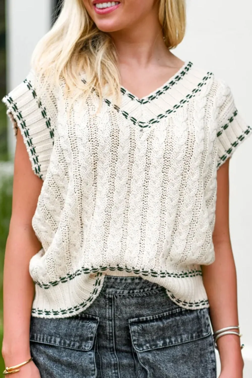 Hazel Blues® |  Cable-Knit V-Neck Sweater Vest