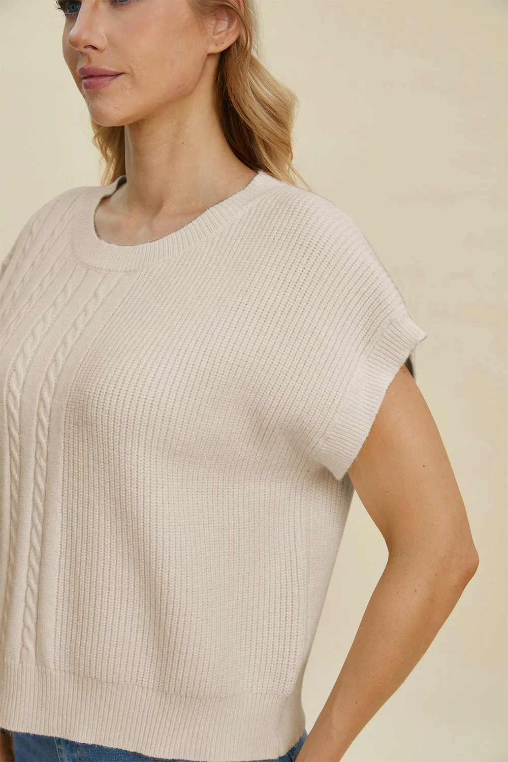 Hazel Blues® |  Double Take Cable-Knit Round Neck Short Sleeve Sweater