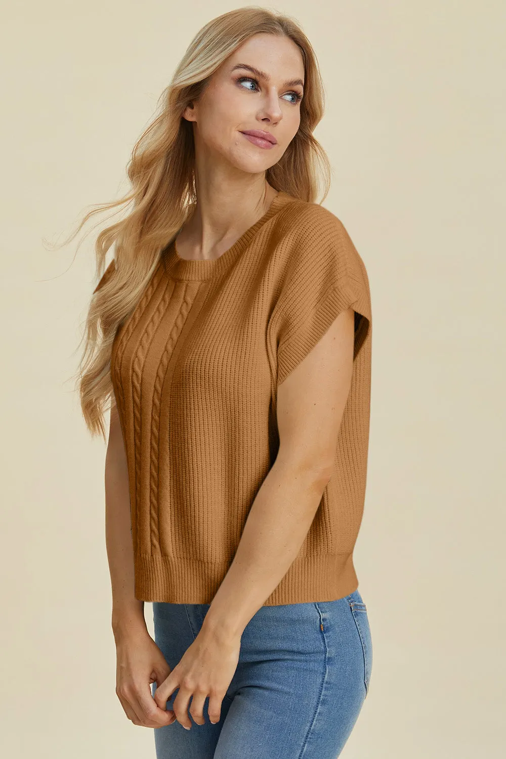 Hazel Blues® |  Double Take Cable-Knit Round Neck Short Sleeve Sweater