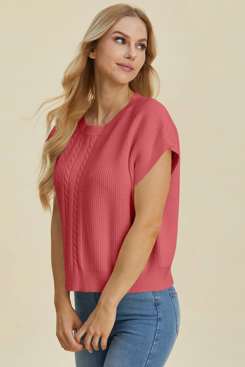 Hazel Blues® |  Double Take Cable-Knit Round Neck Short Sleeve Sweater