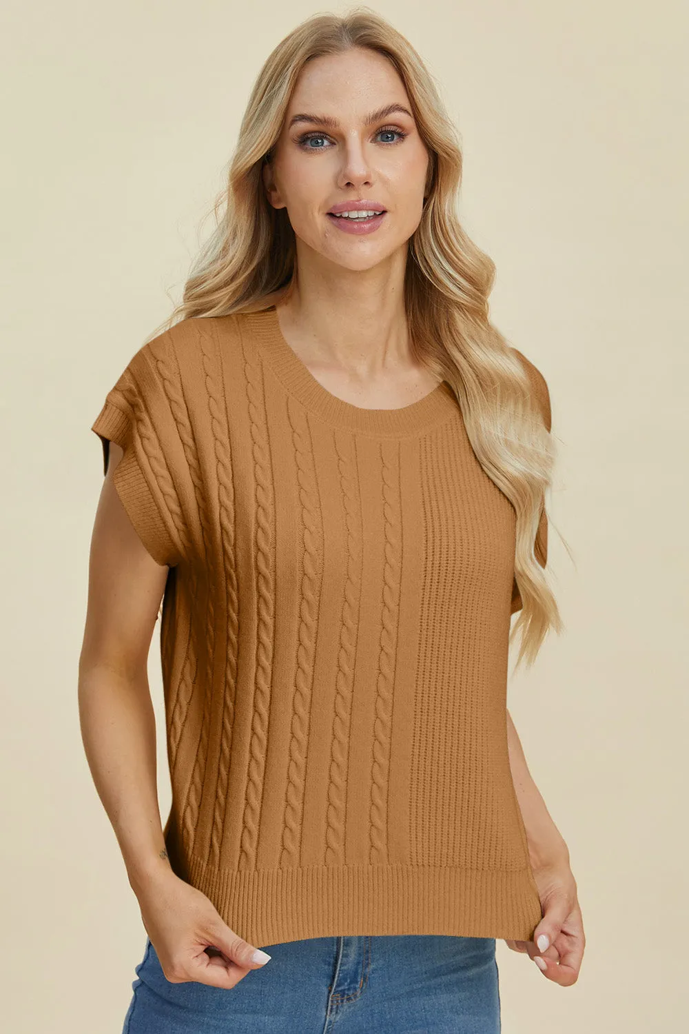 Hazel Blues® |  Double Take Cable-Knit Round Neck Short Sleeve Sweater
