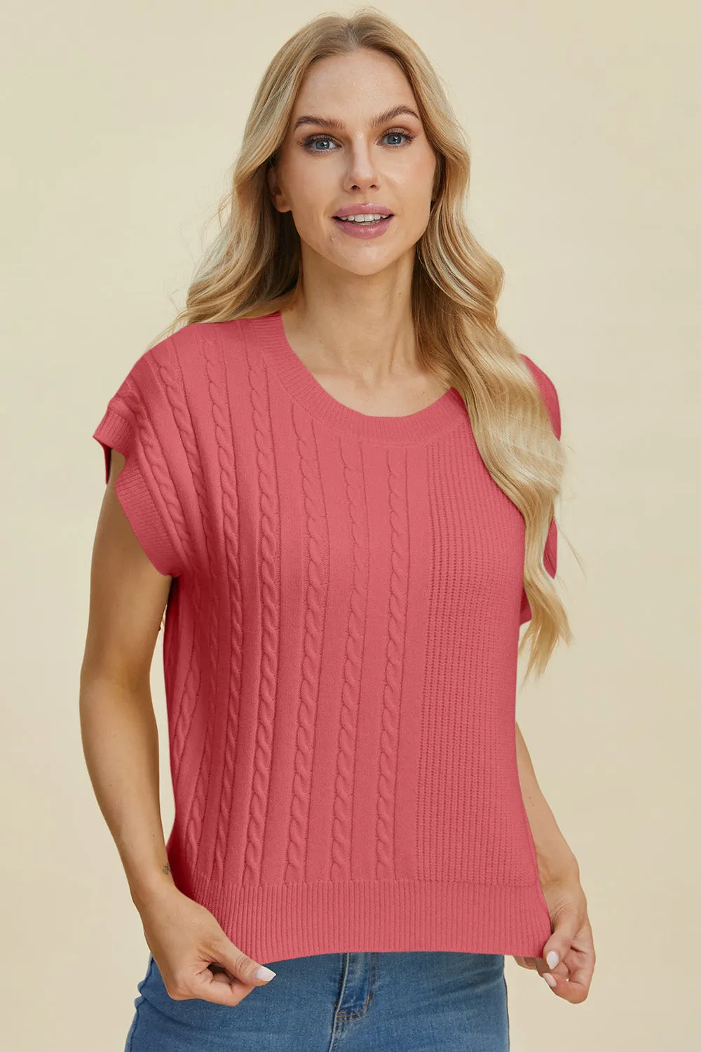 Hazel Blues® |  Double Take Cable-Knit Round Neck Short Sleeve Sweater