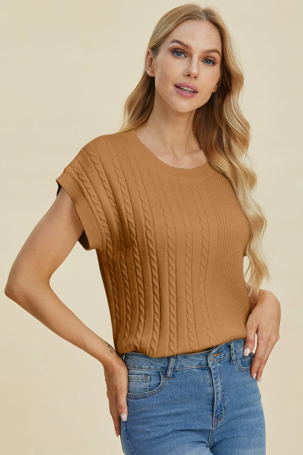 Hazel Blues® |  Double Take Cable-Knit Round Neck Short Sleeve Sweater