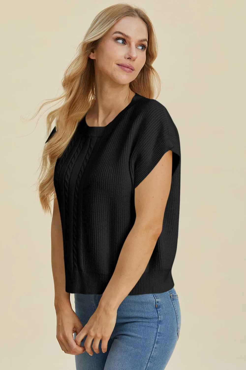 Hazel Blues® |  Double Take Cable-Knit Round Neck Short Sleeve Sweater