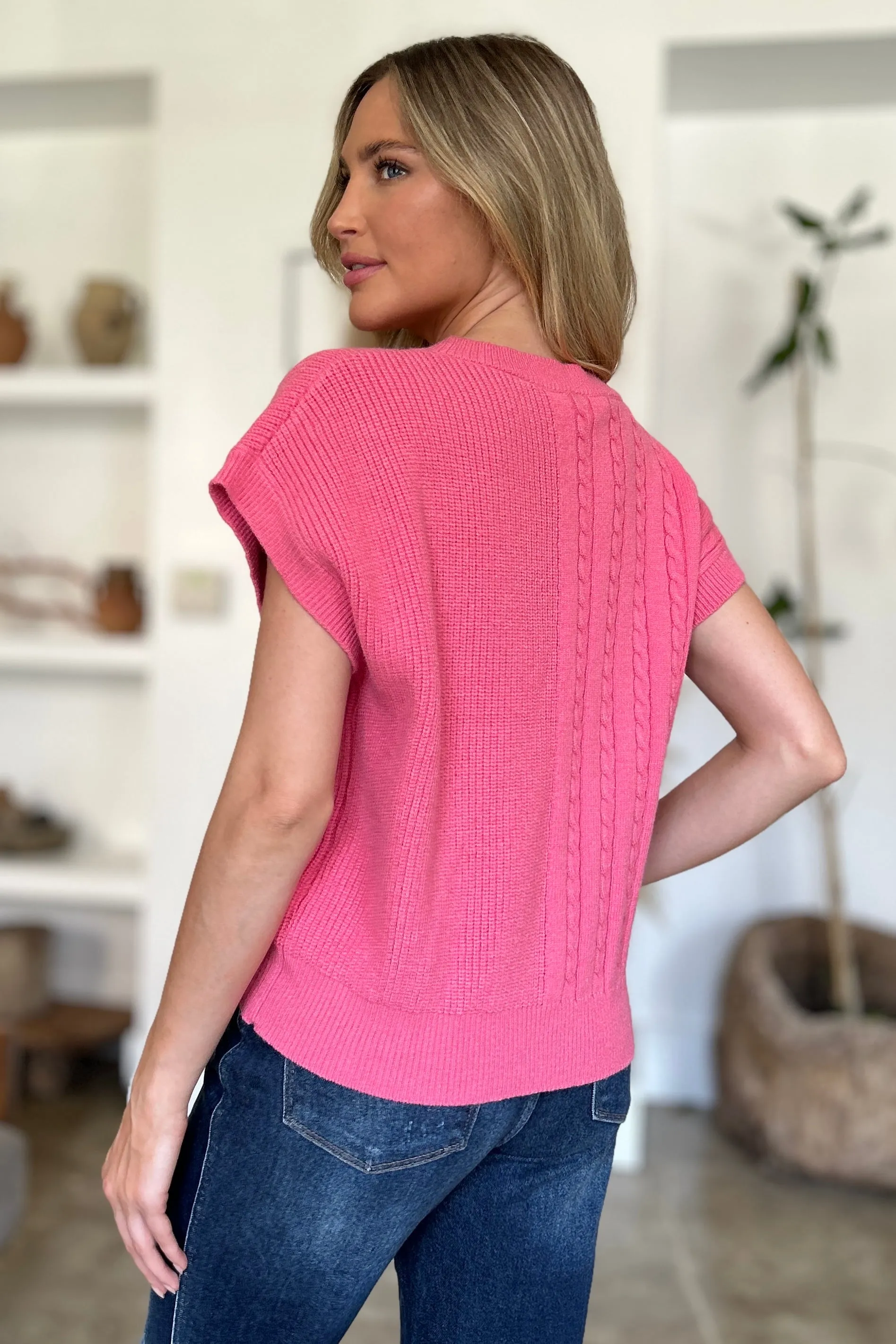 Hazel Blues® |  Double Take Cable-Knit Round Neck Short Sleeve Sweater