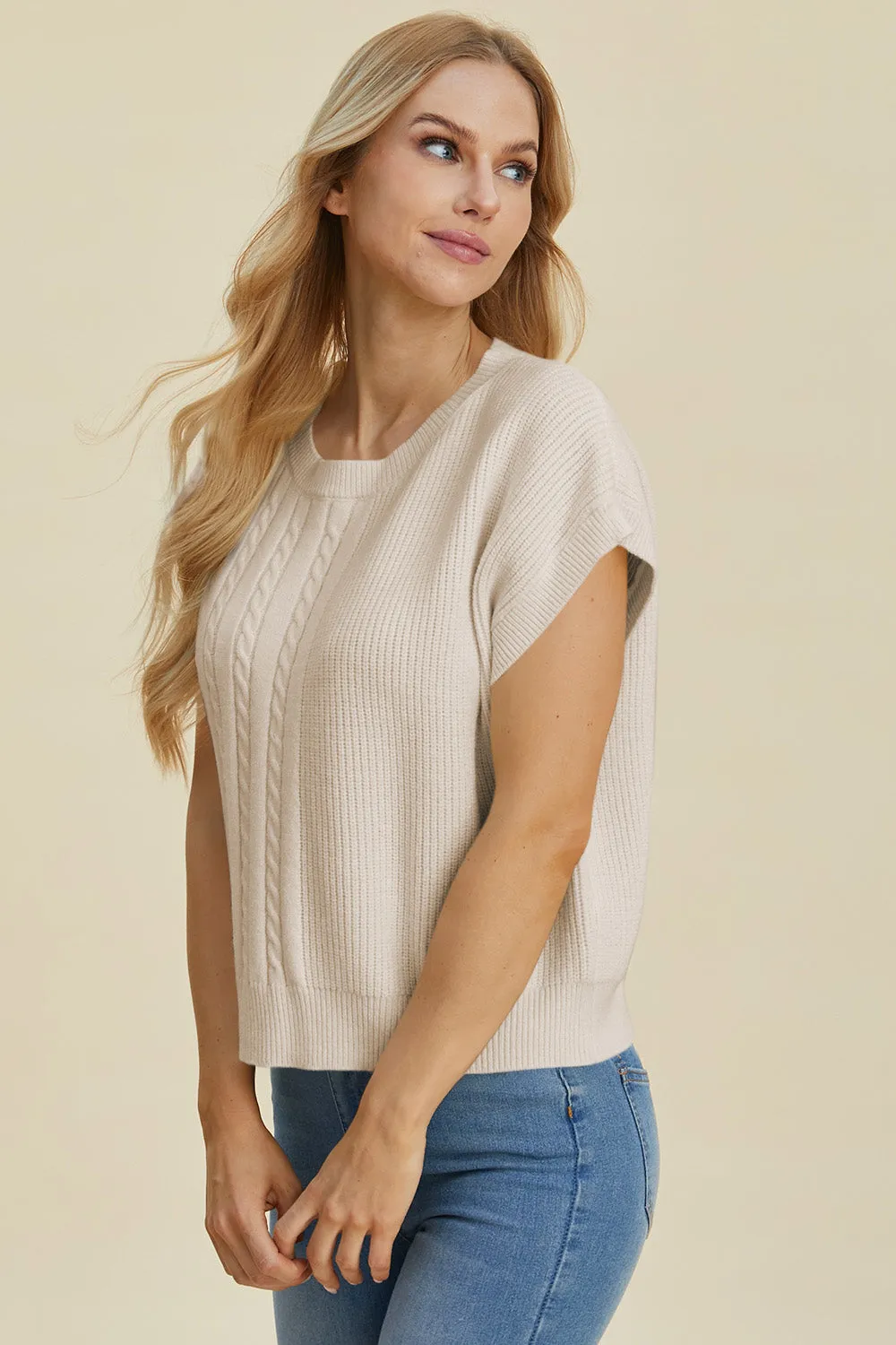 Hazel Blues® |  Double Take Cable-Knit Round Neck Short Sleeve Sweater