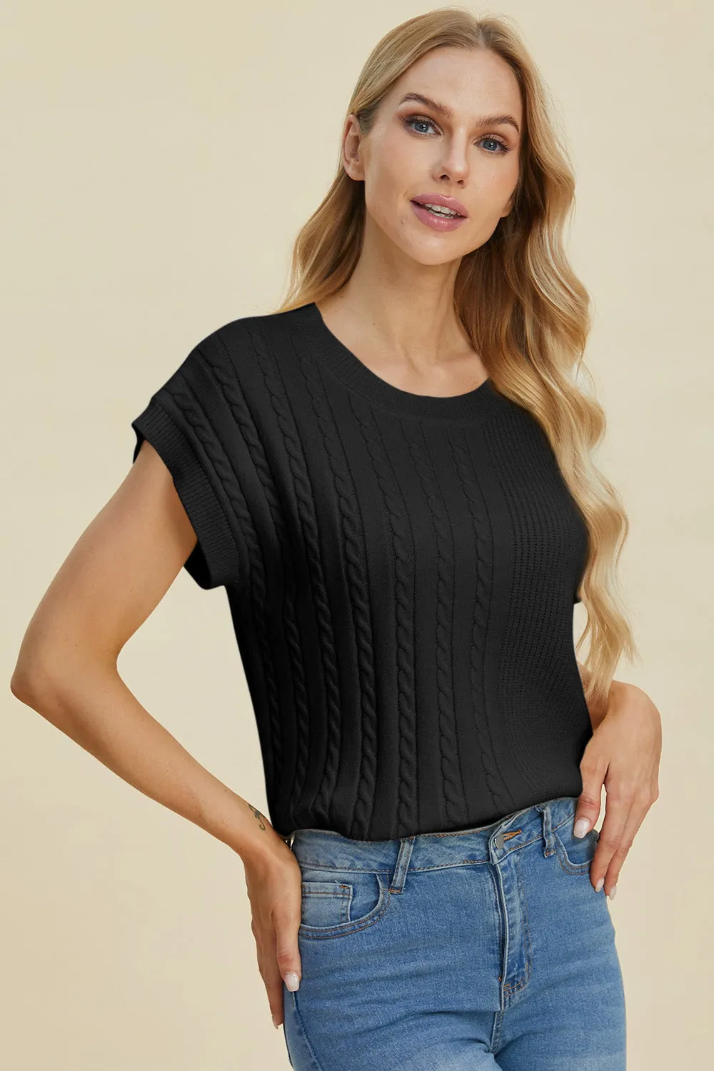 Hazel Blues® |  Double Take Cable-Knit Round Neck Short Sleeve Sweater
