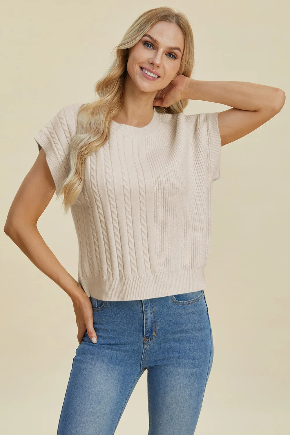 Hazel Blues® |  Double Take Cable-Knit Round Neck Short Sleeve Sweater