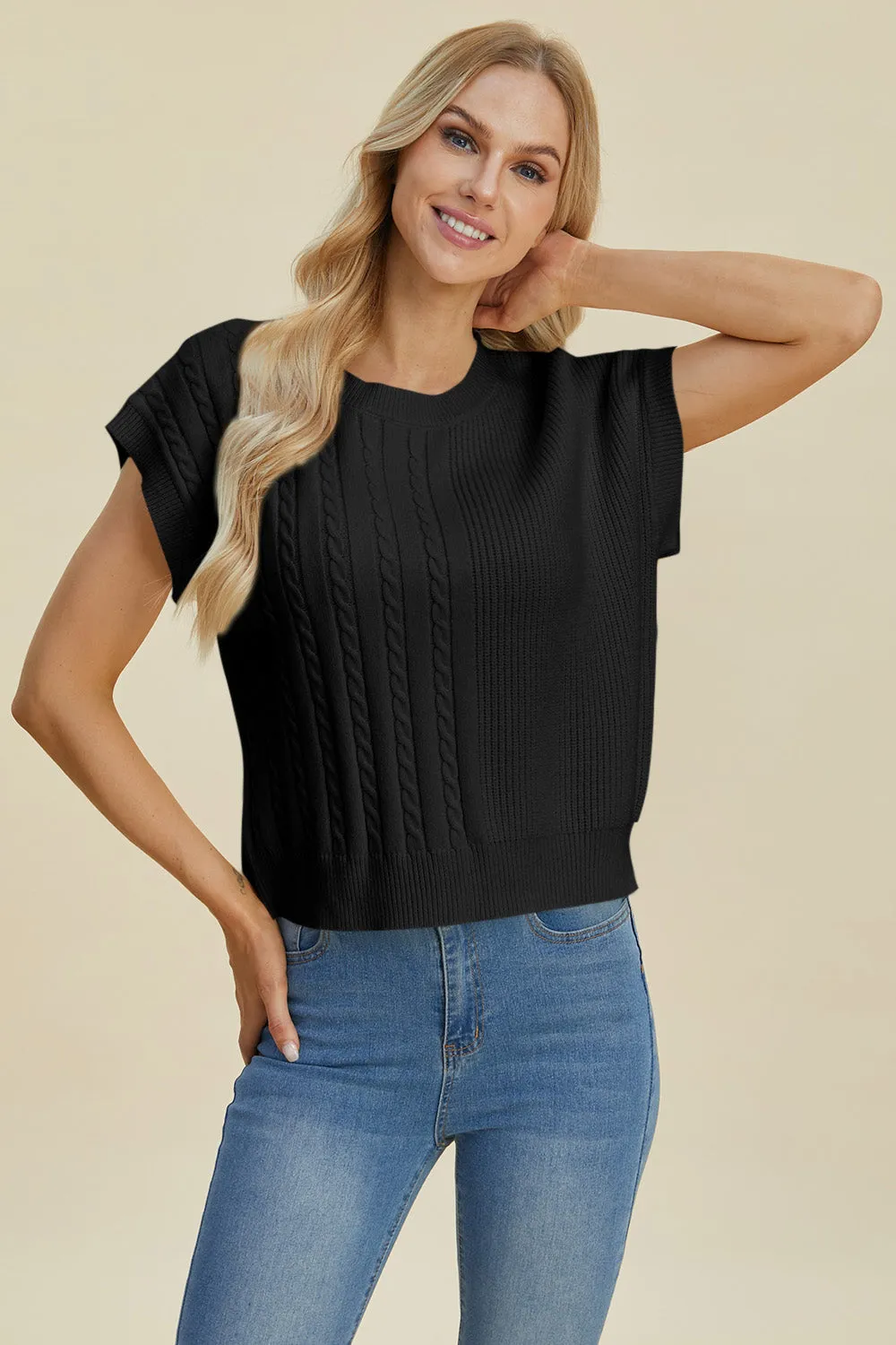 Hazel Blues® |  Double Take Cable-Knit Round Neck Short Sleeve Sweater