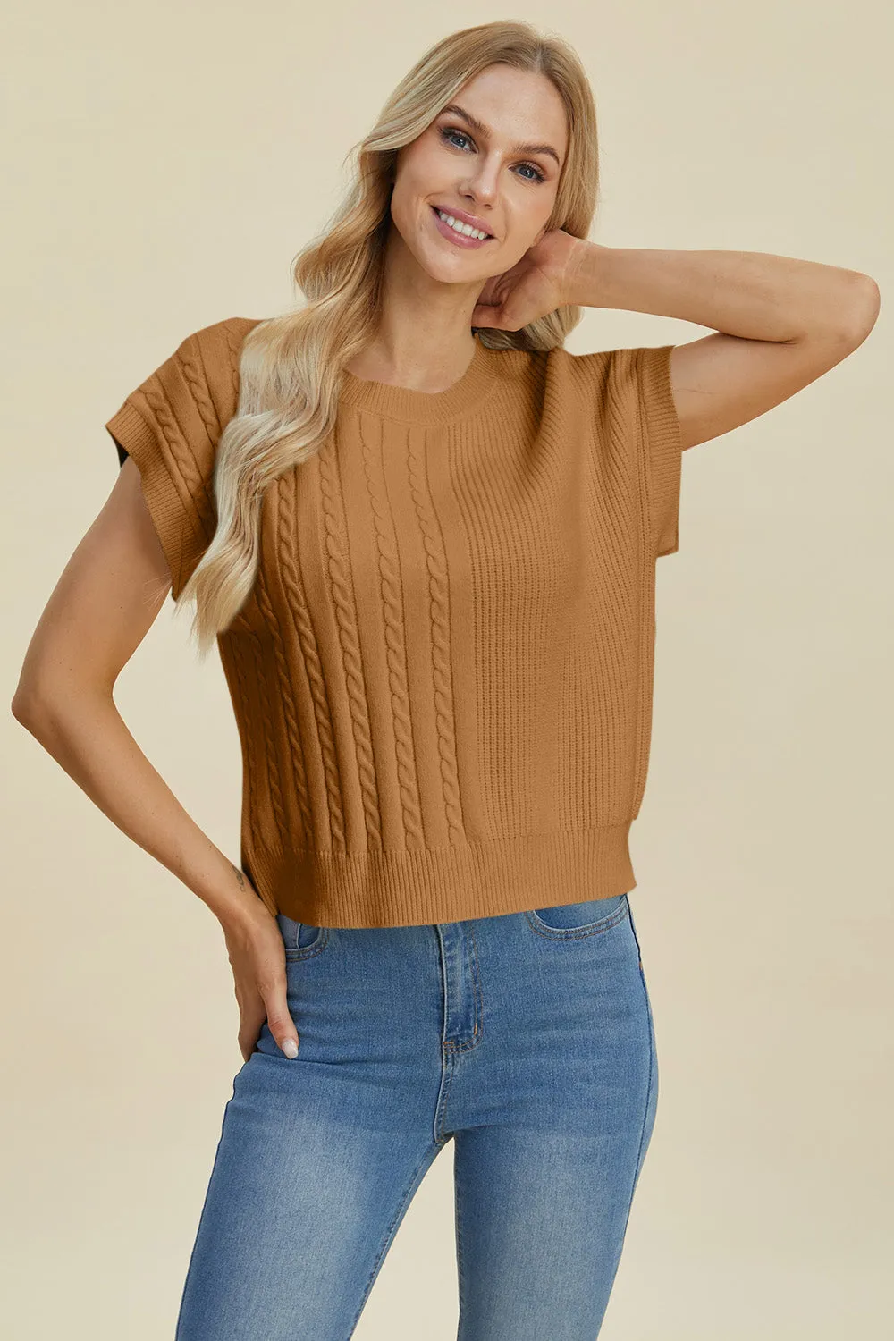 Hazel Blues® |  Double Take Cable-Knit Round Neck Short Sleeve Sweater