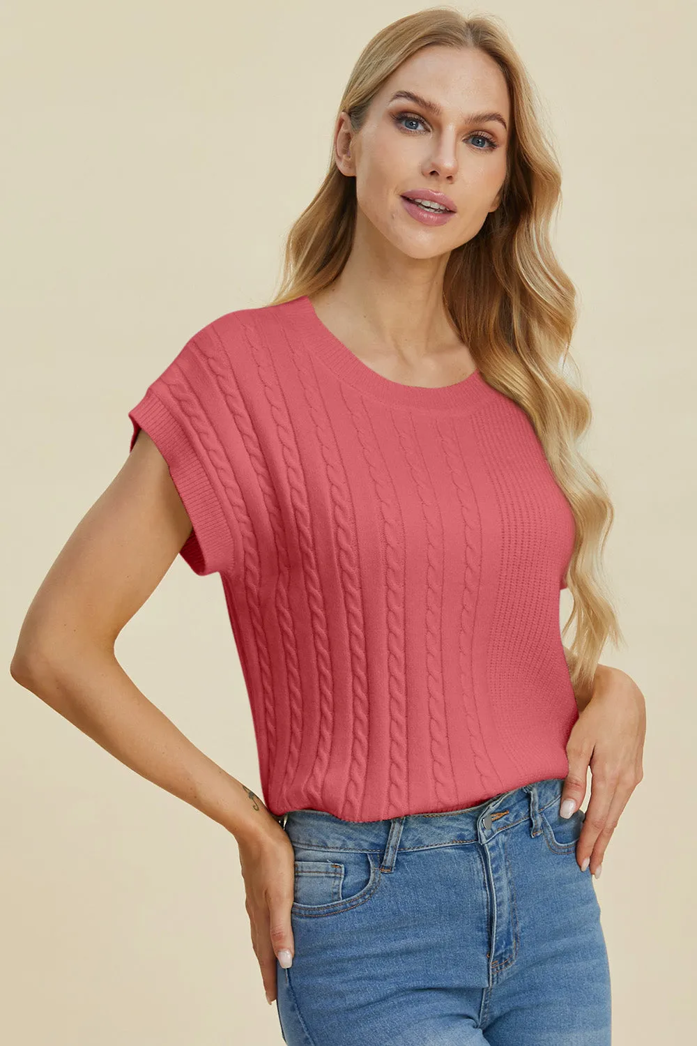 Hazel Blues® |  Double Take Cable-Knit Round Neck Short Sleeve Sweater