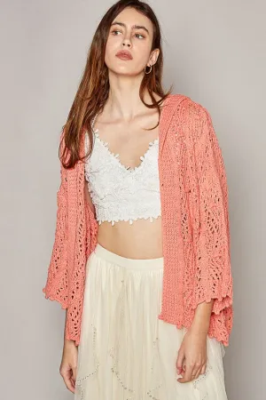 Hazel Blues® |  Open Weaving Long Sleeve Hoodie Sweater Cardigan in Coral