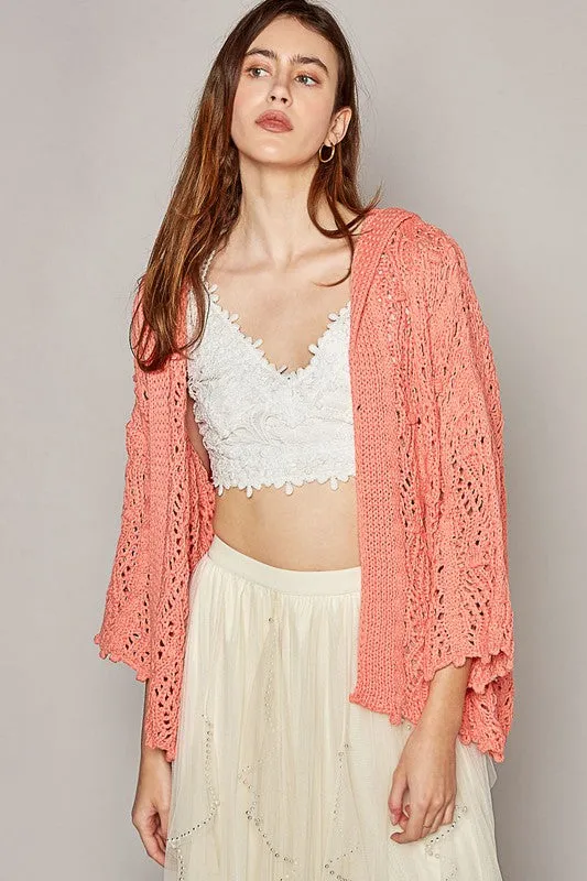 Hazel Blues® |  Open Weaving Long Sleeve Hoodie Sweater Cardigan in Coral