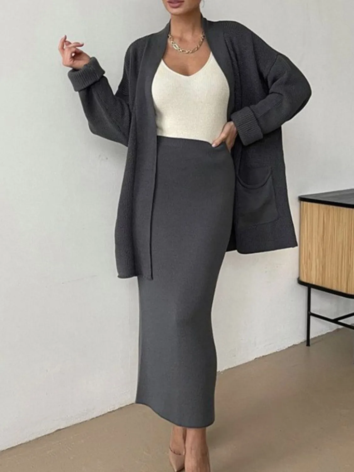 Hazel Blues® |  Pocketed Long Sleeve Cardigan and Skirt Sweater Set
