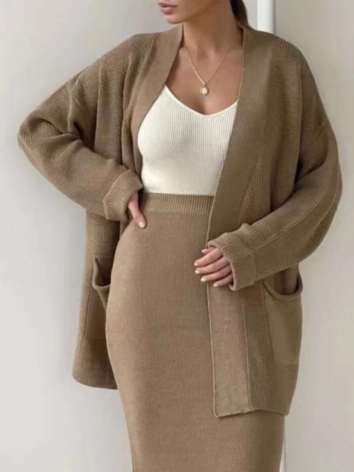 Hazel Blues® |  Pocketed Long Sleeve Cardigan and Skirt Sweater Set