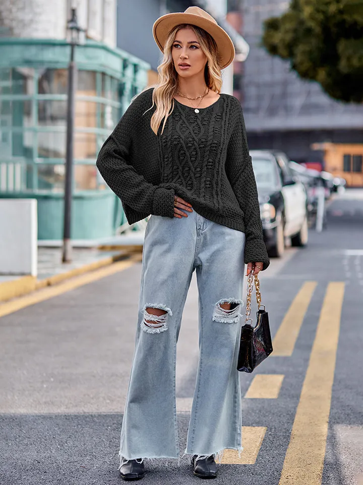 Hazel Blues® |  Round Neck Cable-Knit Sweater