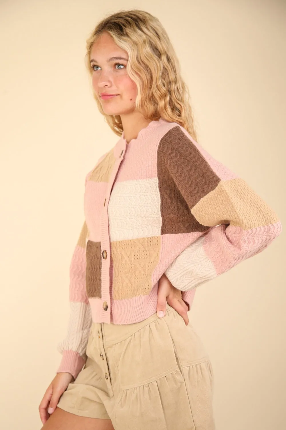 Hazel Blues® |  VERY J Color Block Button Down Textured Sweater Cardigan