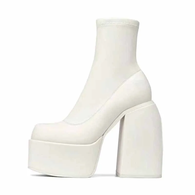 High Heeled Sock Boots Chunky Pull On Boot